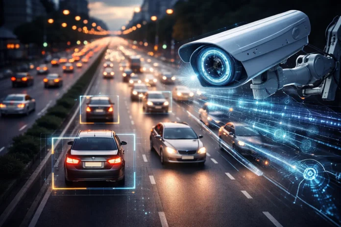 AI traffic surveillance camera monitoring vehicles on a busy street with digital recognition of license plates and traffic data analysis in real-time.