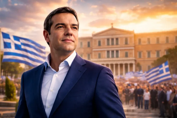 Portrait of Alexis Tsipras standing confidently in front of the Greek Parliament with Greek flags waving behind him, dressed in a navy suit and white shirt at sunset, showcasing a determined expression and political leadership.