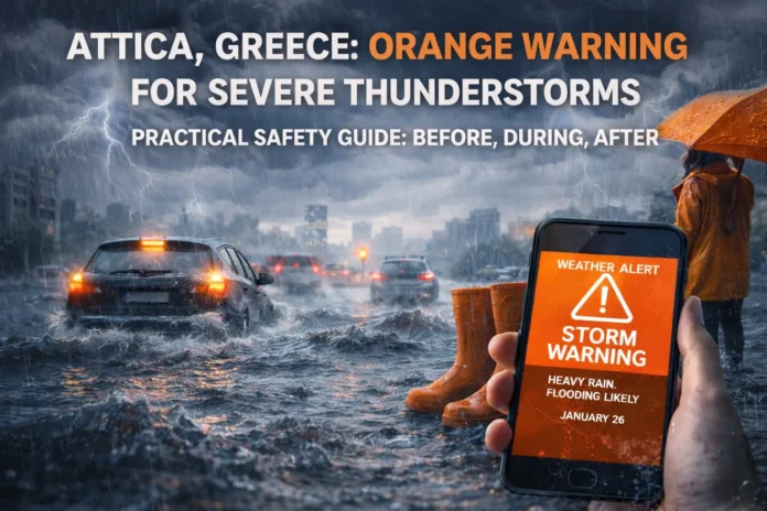 Flooded urban street in Attica during a severe thunderstorm, with heavy rain, cars moving through water, and an orange storm alert on a smartphone.