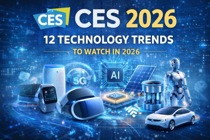 CES 2026 promotional graphic featuring 12 key technology trends including AI, 5G, autonomous vehicles, smart speakers, smartwatches, and VR headsets against a digital blue background.