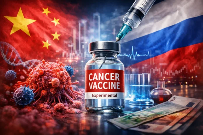 Illustrative lab scene with a vial and syringe, with China and Russia in the background, representing cancer research claims and geopolitics.