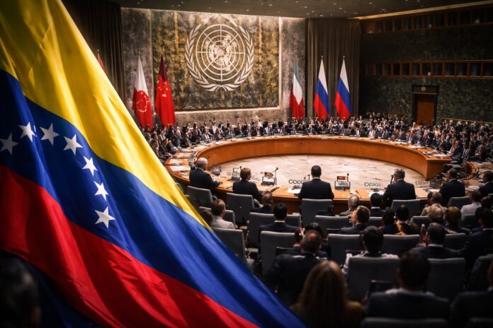 UN Security Council chamber with Venezuelan flag, illustrating Colombia raising the Maduro case and the Article 51 debate.