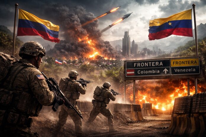 Powerful digital illustration showing escalating military tension between Colombia and Venezuela, with Colombian soldiers in tactical gear at the border. The image features missiles in the sky, flags of Colombia and Venezuela fluttering, and Caracas burning in the distance amidst smoke and explosions.