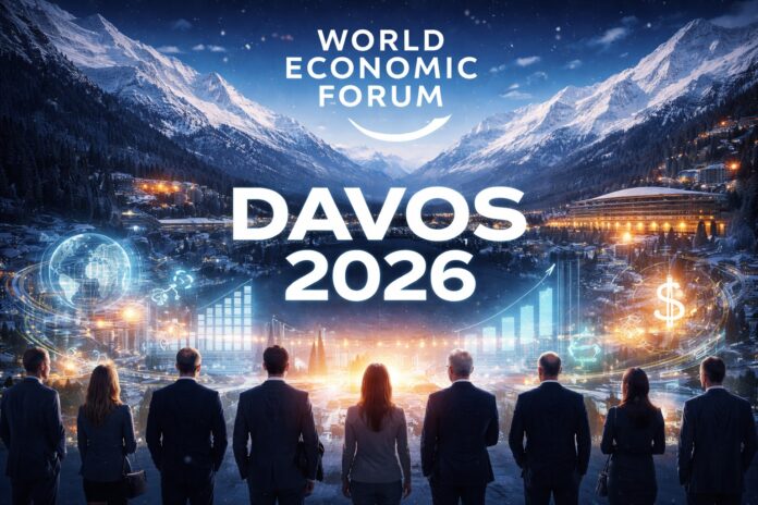 World Economic Forum Davos 2026 featured image showing a snowy Alpine setting with global economy and market charts, symbolizing investment, growth, and international cooperation.