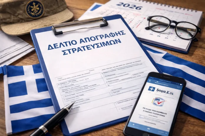 Έντυπο απογραφής στρατευσίμων σε clipboard με ημερολόγιο 2026 και κινητό, ως συμβολική εικόνα για προθεσμίες απογραφής.