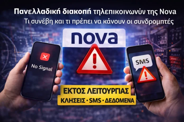 Ενδεικτική εικόνα με κινητά τηλέφωνα χωρίς σήμα και προειδοποιητικό σύμβολο, σχετική με τη διακοπή δικτύου της Nova