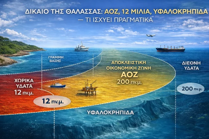 Εικονογράφηση που εξηγεί το Δίκαιο της Θάλασσας: χωρικά ύδατα 12 ναυτικών μιλίων, ΑΟΖ 200 ναυτικών μιλίων, γραμμή βάσης, υφαλοκρηπίδα και διεθνή ύδατα