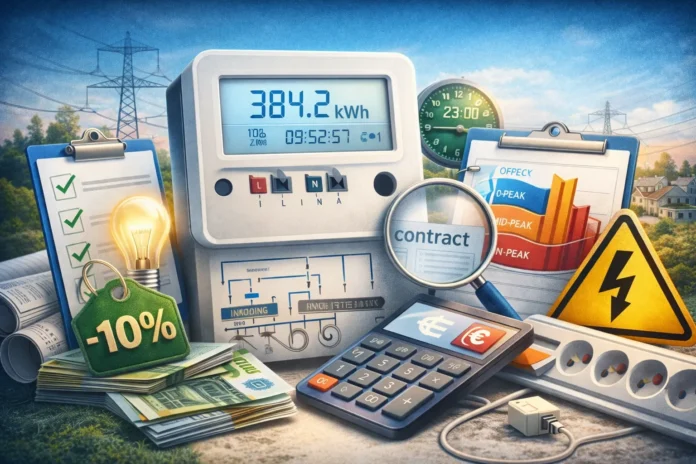 Έξυπνος μετρητής ρεύματος με ένδειξη kWh, αριθμομηχανή και εικονίδια εξοικονόμησης, που συμβολίζουν τα δυναμικά τιμολόγια και την ωριαία χρέωση