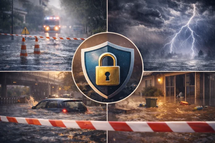 Σύνθεση με σκηνές έντονης βροχής, πλημμυρισμένων δρόμων και καταιγίδας, με κεντρικό σύμβολο προστασίας και σήμανση κινδύνου, χωρίς κείμενο