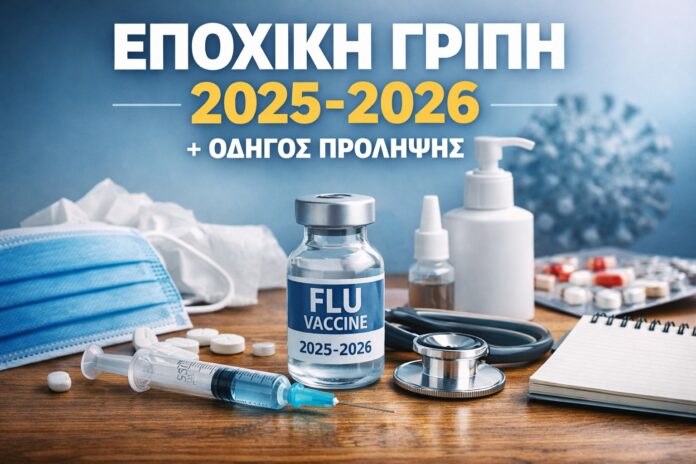 Εμβόλιο γρίπης 2025-2026 με σύριγγα, μάσκα, θερμόμετρο και ιατρικά είδη, τονίζοντας τα μέτρα πρόληψης για την περίοδο της γρίπης. Οδηγίες ΕΟΔΥ.