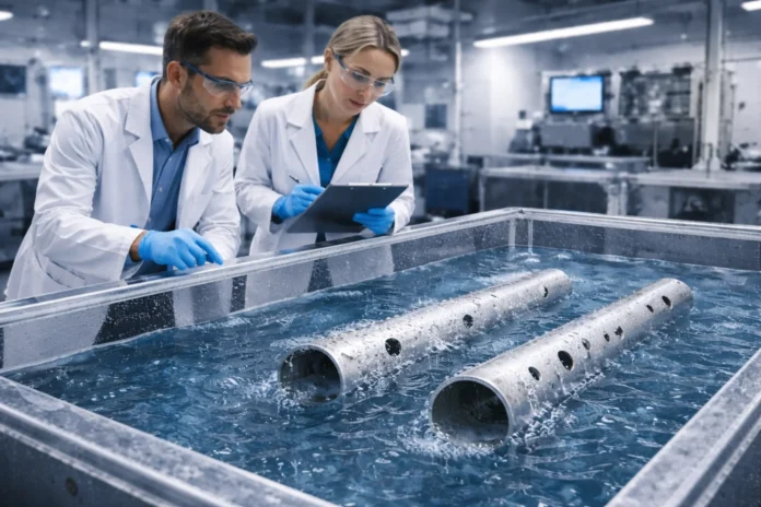 Επιστήμονες παρατηρούν μεταλλικούς σωλήνες με τρύπες που επιπλέουν μέσα σε δεξαμενή νερού σε εργαστήριο