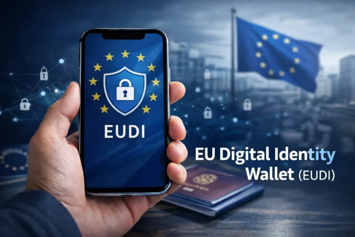 Smartphone with a shield and lock icon in front of the European Union flag, representing the EU Digital Identity Wallet (EUDI)
