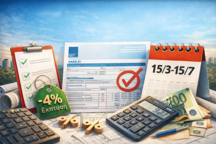 Επαγγελματικό γραφείο με φορολογικά έγγραφα, ημερολόγιο, αριθμομηχανή και χαρτονομίσματα ευρώ, που συμβολίζει την προετοιμασία για φορολογική δήλωση 2026