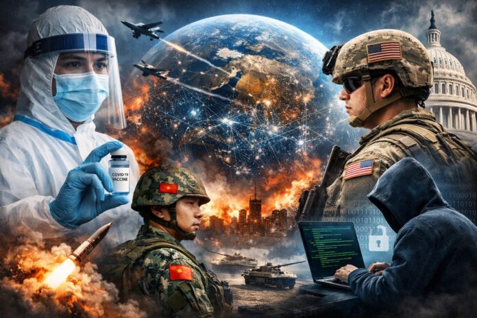 Composite digital illustration depicting global security challenges after COVID-19, with a medical worker holding a vaccine vial, military soldiers from China and the U.S., missile launch, jets, tanks, and a hacker, blending themes of health, military tension, and digital warfare.