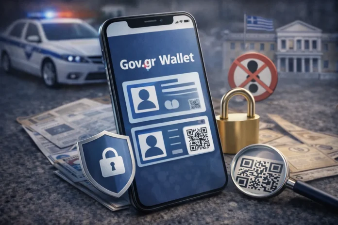 Κινητό με εικονική οθόνη ψηφιακού πορτοφολιού, μαζί με κλειδαριά και σύμβολα ασφάλειας, που συμβολίζουν το Gov.gr Wallet και την προστασία από απάτες