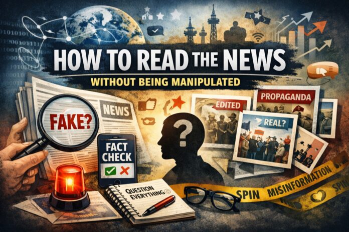 Illustration showing fact-checking tools—magnifying glass over a news headline, a phone reading “Fact Check,” and symbols of propaganda and misinformation.