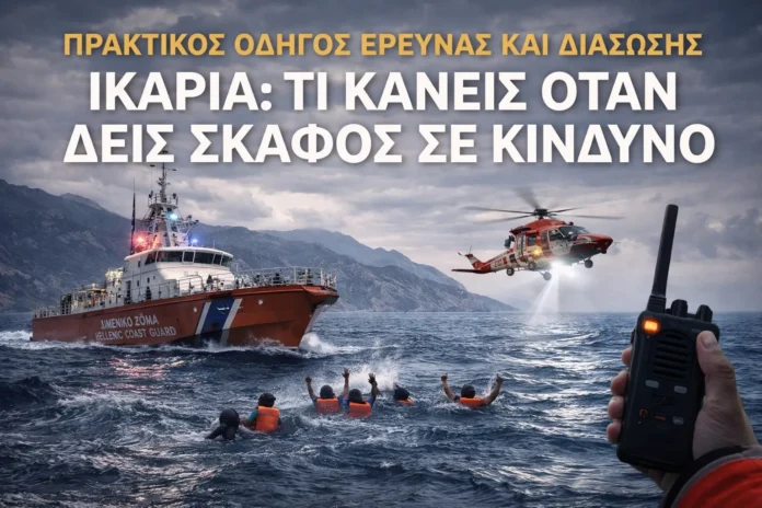 Σκάφος έρευνας και διάσωσης στο Αιγαίο κοντά στην Ικαρία, με ελικόπτερο διάσωσης πάνω από τη θάλασσα