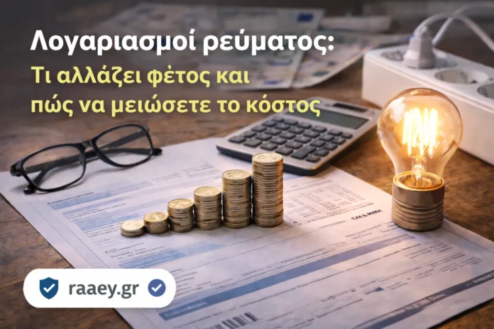 Λογαριασμός ρεύματος με στοίβες κερμάτων, αριθμομηχανή και αναμμένη λάμπα που συμβολίζουν το κόστος ηλεκτρικής ενέργειας