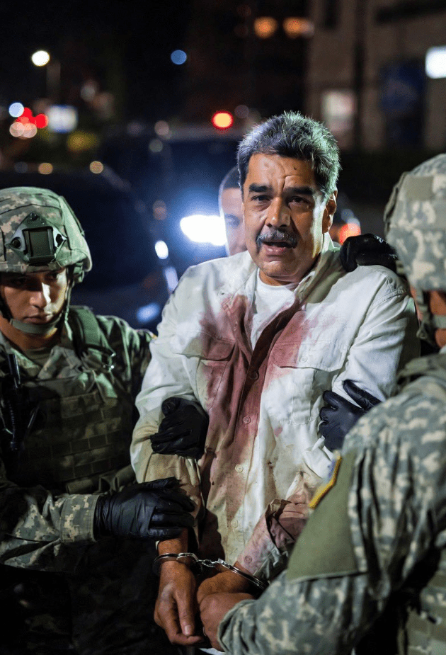 Nicolás Maduro arrested by U.S. soldiers, handcuffed and escorted in the night.