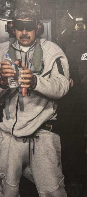 Nicolás Maduro blindfolded during his arrest by U.S. forces.