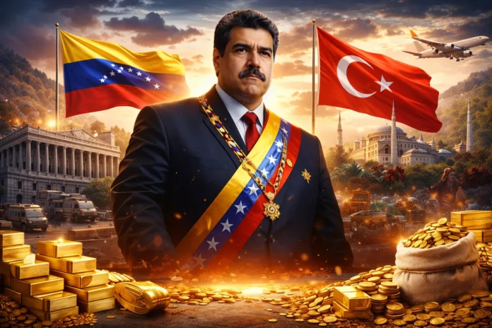 Nicolás Maduro centered in a geopolitical composite with Venezuela and Turkey flags, gold bars and coins in the foreground, and an aircraft symbolizing gold shipments between Venezuela and Turkey under a dramatic sky.