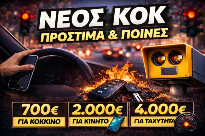 Ενδεικτική εικόνα οδικής κυκλοφορίας σε πόλη με στοιχεία ελέγχου ταχύτητας και οδικής ασφάλειας, σχετική με τα νέα πρόστιμα του ΚΟΚ