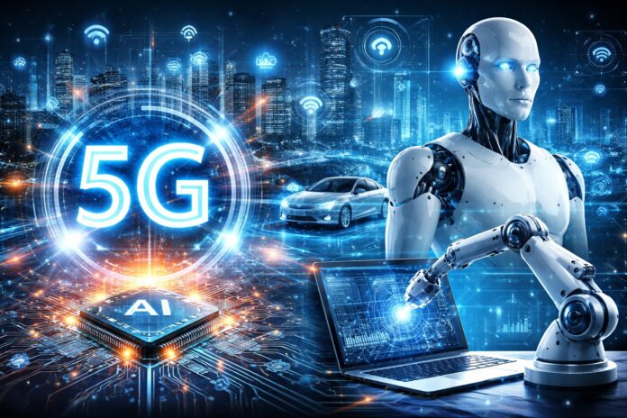 Futuristic editorial illustration showing a smart city connected by 5G signals, an AI microchip, and automation robotics—representing how 5G, AI, and automation are transforming daily life and work.