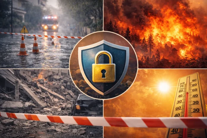 Σύνθεση με εικόνες πλημμύρας, πυρκαγιάς, σεισμικών καταστροφών και καύσωνα, με κεντρικό σύμβολο ασπίδας που παραπέμπει σε προστασία σε έκτακτη ανάγκη