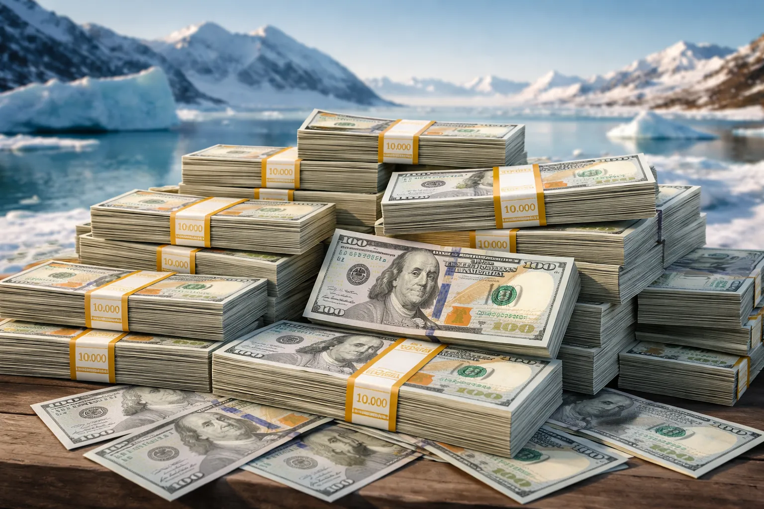 Stacks of U.S. hundred-dollar bills arranged to represent one million dollars on a wooden surface, with an Arctic fjord, icebergs, and snow-covered mountains in the background.