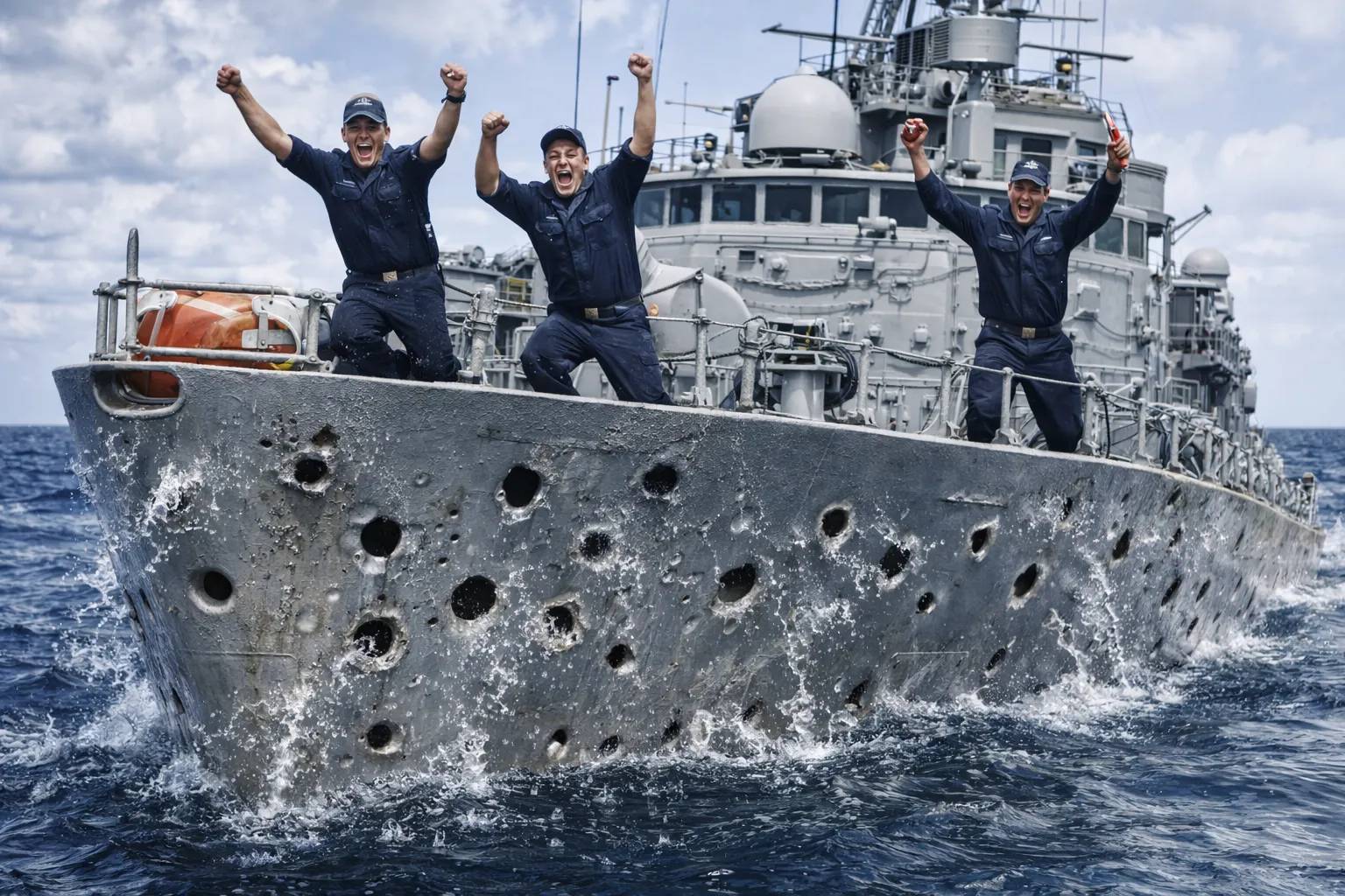 Επιβάτες πάνω σε πλοίο με τρύπες στο κύτος εν μέσω καταιγίδας, ενώ το σκάφος παραμένει πλωτό χωρίς να βυθίζεται