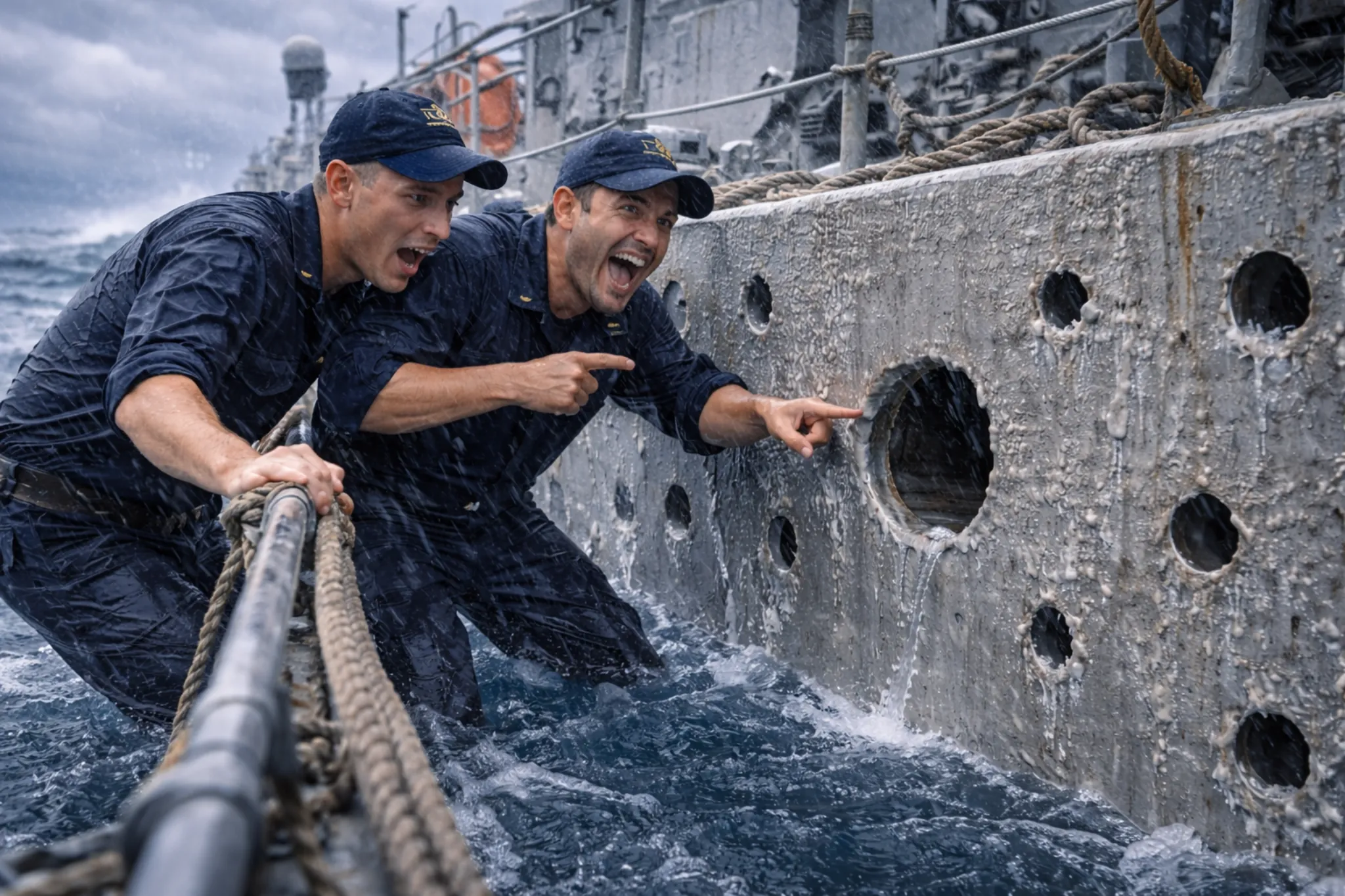 Ναύτες σε καταιγίδα δείχνουν τρύπες στο μεταλλικό κύτος πλοίου ενώ το σκάφος παραμένει πλωτό