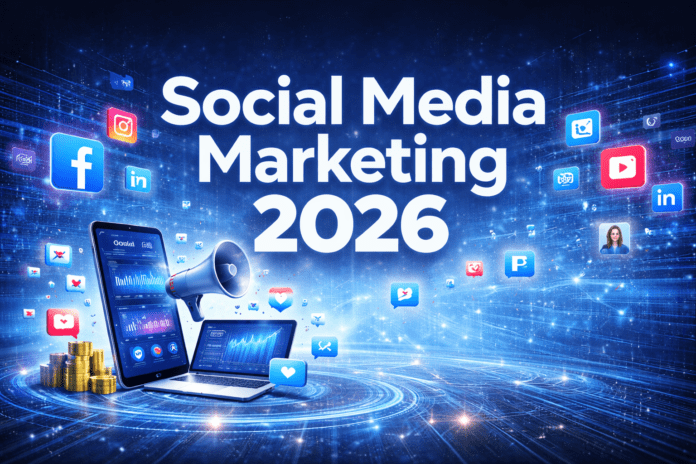Social Media Marketing 2026 displayed in bold 3D typography, with glowing white and blue text, surrounded by social media icons, smartphones, laptops, and analytics charts on a vibrant tech-inspired background.