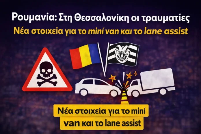Συμβολικό γραφικό σύγκρουσης οχημάτων με προειδοποιητικό σήμα, σχετικό με το τροχαίο στη Ρουμανία που ενεπλάκη mini van με οπαδούς του ΠΑΟΚ