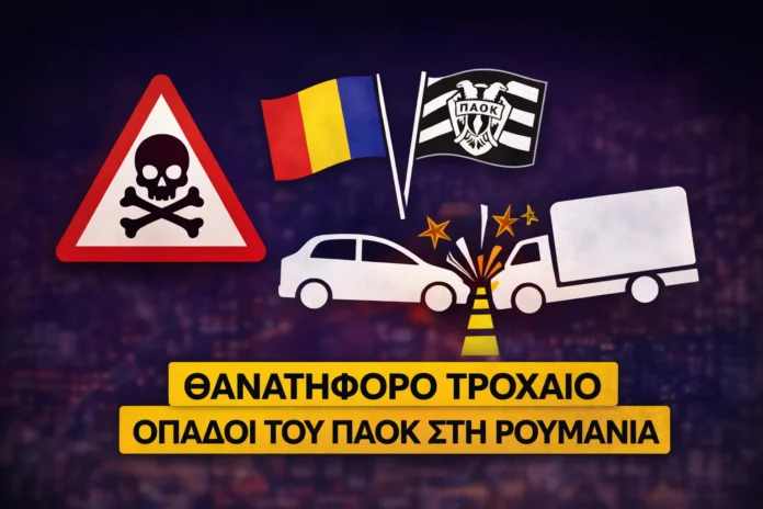 Συμβολικό γραφικό με εικονίδια σύγκρουσης οχημάτων και προειδοποιητικό σήμα, σχετικό με το τροχαίο δυστύχημα στη Ρουμανία