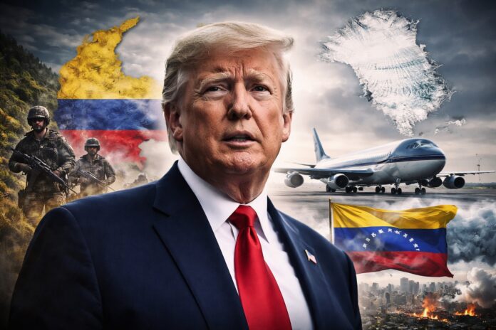 Donald Trump in the foreground with Air Force One and visual elements representing Venezuela, Colombia, and Greenland, symbolizing escalating geopolitical tensions.