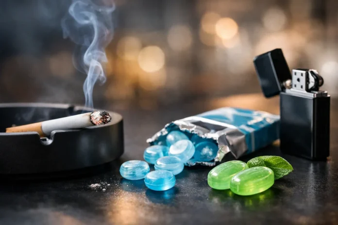 Τσιγάρο σε τασάκι δίπλα σε παστίλιες μέντας και καραμέλες για δροσερή αναπνοή