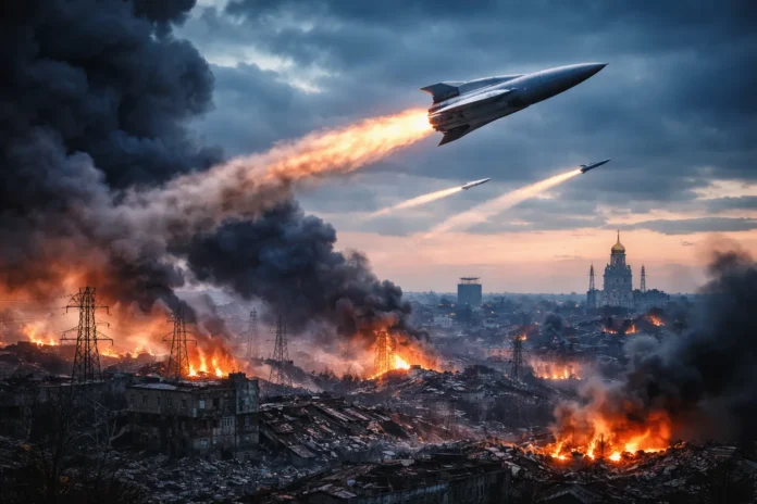 Illustrative image of missiles streaking across the sky above a city at dusk, with smoke rising from damaged infrastructure.