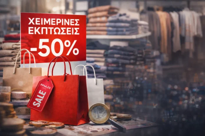 Σκηνή καταστήματος με πινακίδα «Χειμερινές Εκπτώσεις -50%», τσάντες αγορών, κέρματα και χαρτονομίσματα σε φόντο ραφιών με ρούχα.