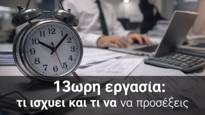 Ρολόι και γραφείο με έγγραφα σε περιβάλλον υπερωριών, που αποτυπώνει την πίεση του παρατεταμένου ωραρίου εργασίας