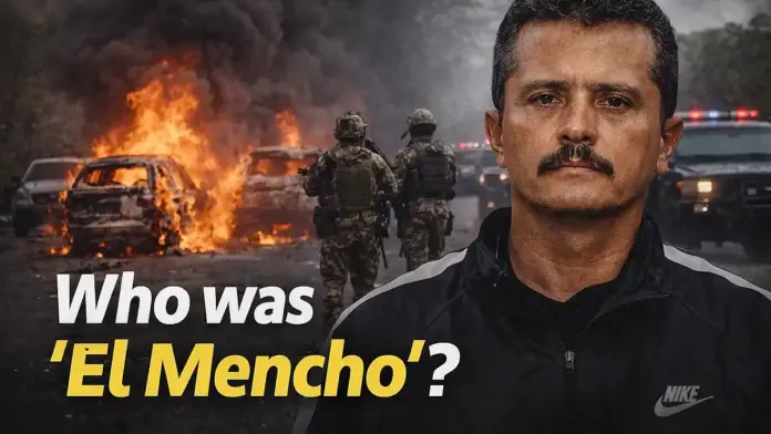 U.S.-style featured image for an explainer on “El Mencho” and CJNG, with a portrait element and a Mexico security-themed background.