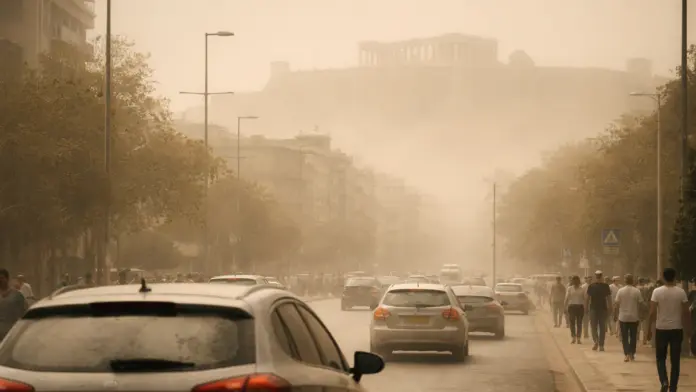 Αστικό τοπίο στην Αθήνα με αφρικανική σκόνη και μειωμένη ορατότητα, με κίνηση στους δρόμους