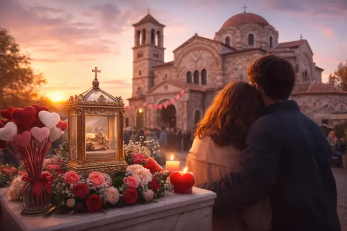 Romantic scene outside a church in Mytilene at sunset, with bouquets and candles around a reliquary, symbolizing Saint Valentine’s Day ceremonies.