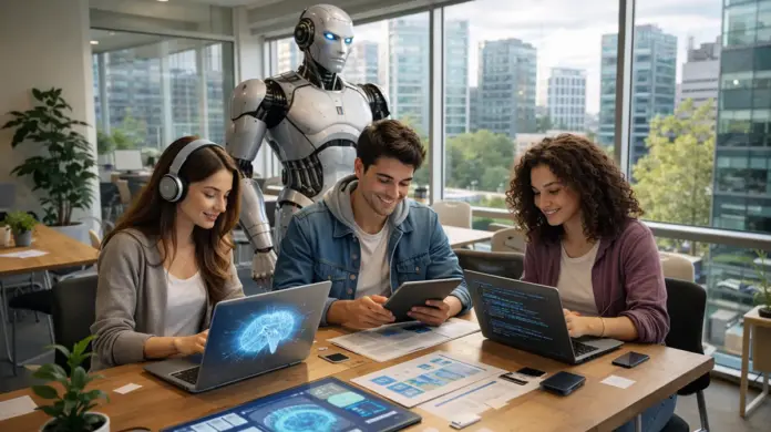 Νέοι συνεργάζονται σε σύγχρονο γραφείο με laptops και διακριτικά στοιχεία τεχνητής νοημοσύνης στο περιβάλλον