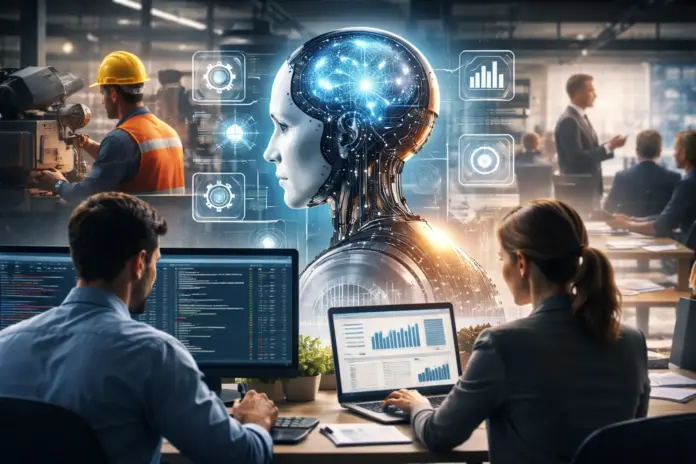 Workplace scene blending office and industrial settings with abstract AI visuals, illustrating how artificial intelligence reshapes jobs and the middle class.