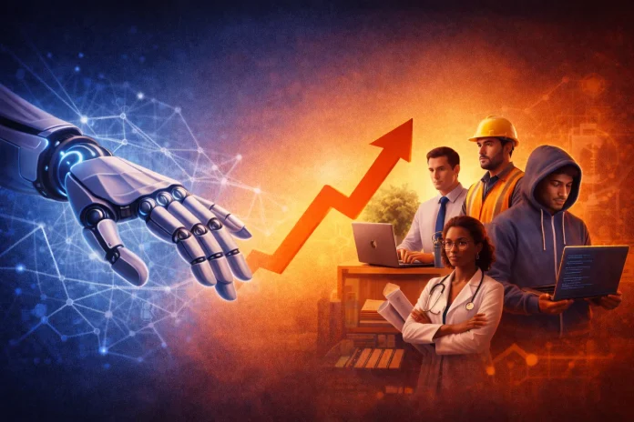 AI illustration showing a robotic hand and diverse professionals symbolizing artificial intelligence’s impact on the job market