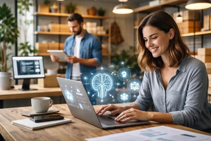Small business professional working on a laptop with subtle AI visuals, with products and packaging in the background, illustrating practical AI adoption and productivity gains.