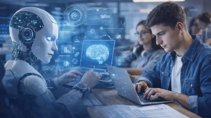 Νέοι σε χώρο μελέτης χρησιμοποιούν laptop με διακριτικά ολογραφικά στοιχεία τεχνητής νοημοσύνης στο φόντο