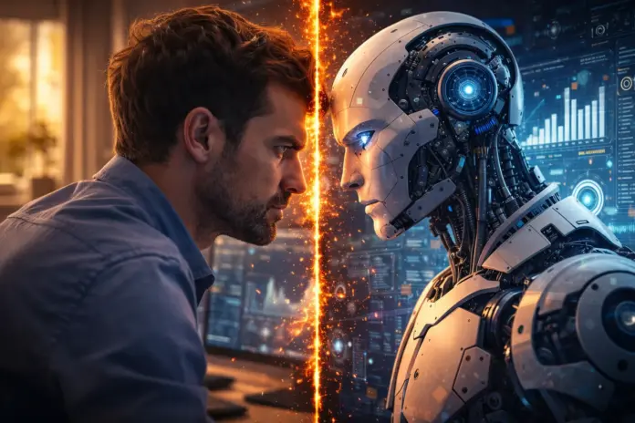 Human professional facing advanced humanoid AI robot across a split frame, symbolizing the impact of artificial intelligence on work and society