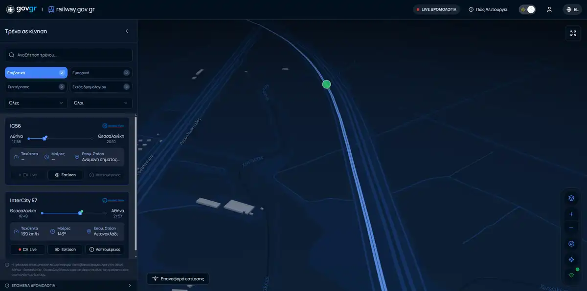 Railway.gov.gr: live χάρτης “Τρένα σε κίνηση” με πραγματικό χρόνο δρομολογίων
