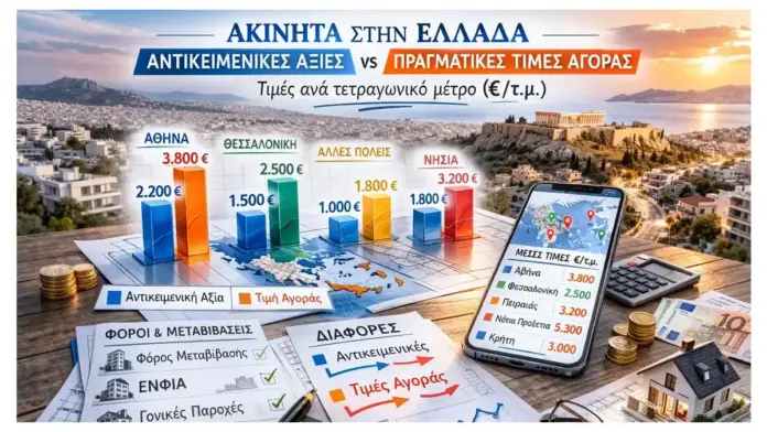 Γραφικά που συγκρίνουν αντικειμενικές αξίες και πραγματικές τιμές αγοράς ακινήτων (€/τ.μ.) με φόντο την Αθήνα.